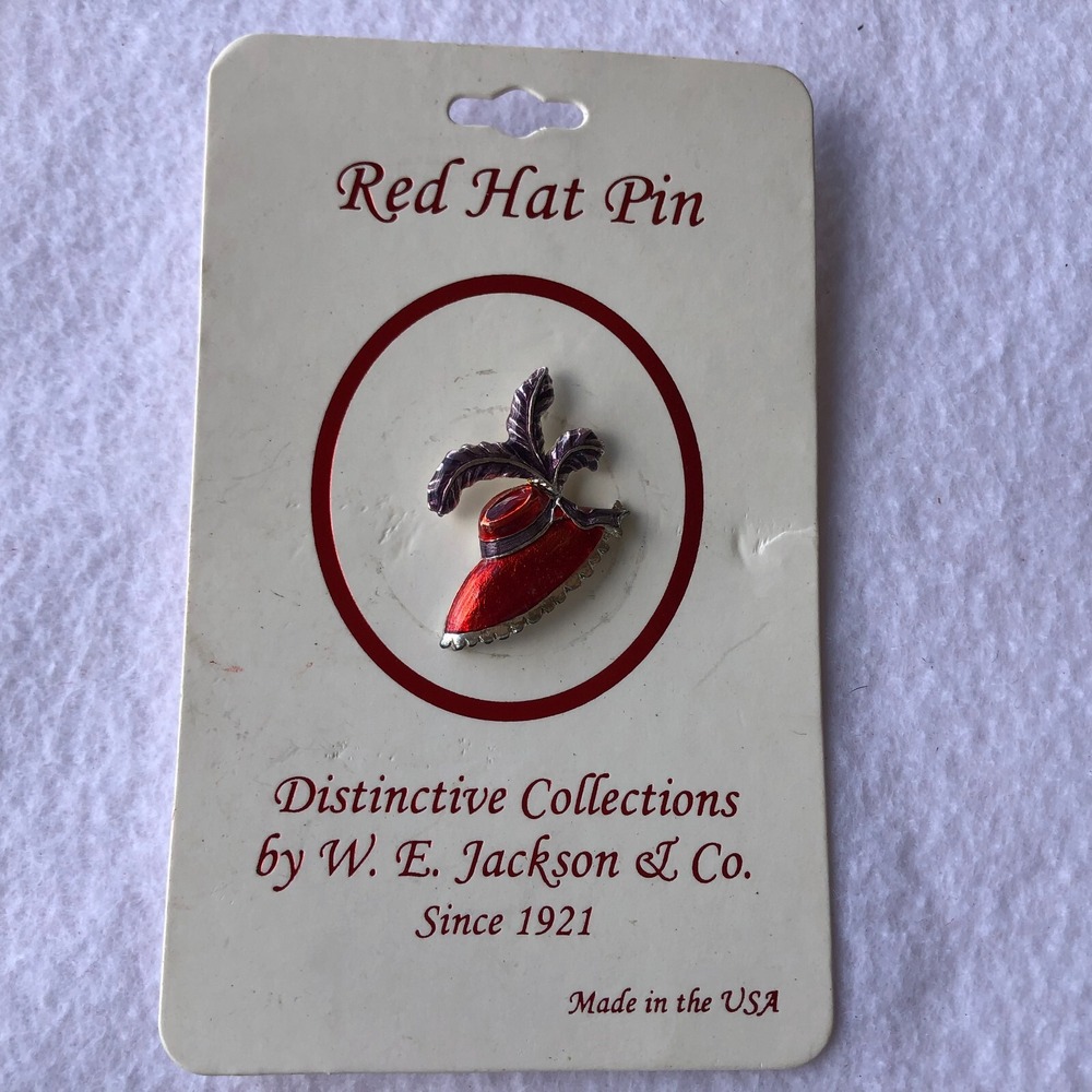 RED HAT SOCIETY Women Enamel Feather Pin New Old Stock W. E. Jackson & Co USA